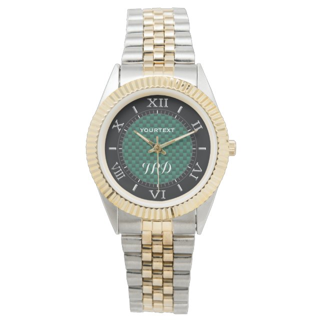 Teal Green Carbon Fibre Personalized Monogram Watch (Front)