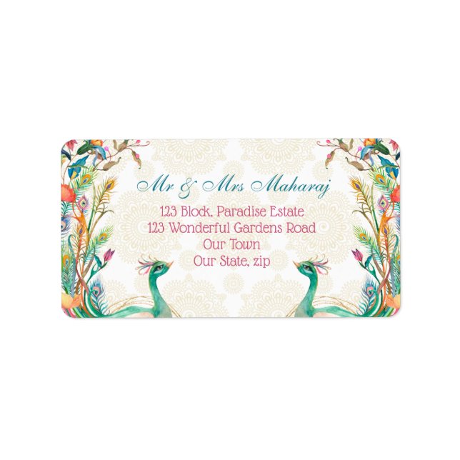 Teal green cerise floral peacock personalized label (Front)