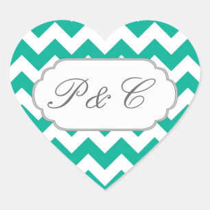 Teal Green Chevron - Custom Text and Monogram Heart Sticker