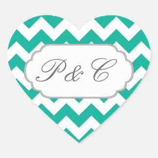 Teal Green Chevron - Custom Text and Monogram Heart Sticker