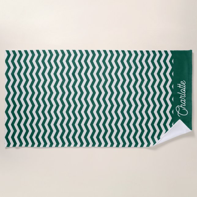 Teal Green Chevron tripe pattern custom name Beach Towel (Front)