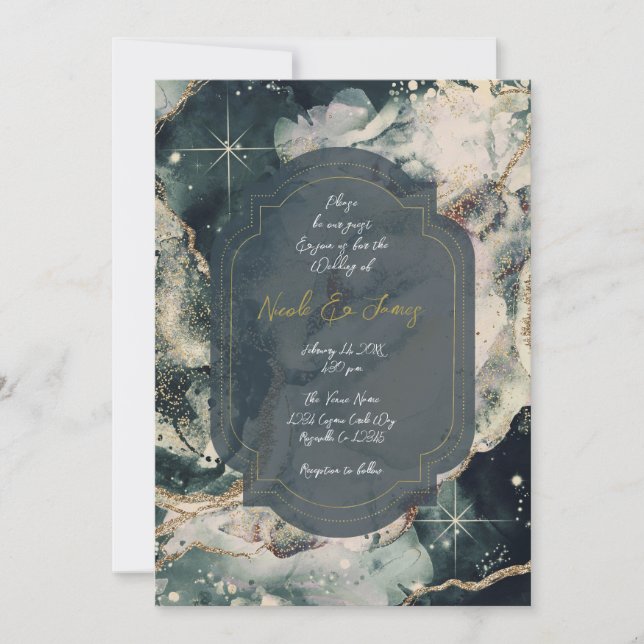 Teal Green Cream Watercolor Gold Celestial Wedding Invitation (Front)