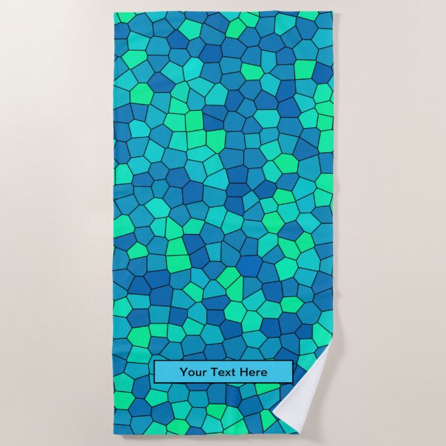 Teal Green Cyan Blue Stained Glass Pattern Beach Towel (Front)