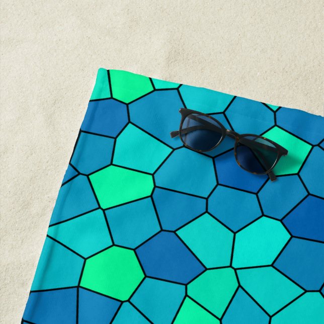 Teal Green Cyan Blue Stained Glass Pattern Beach Towel (In Situ)