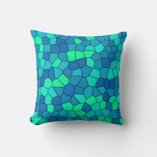Teal Green Cyan Blue Stained Glass Pattern Throw Pillow