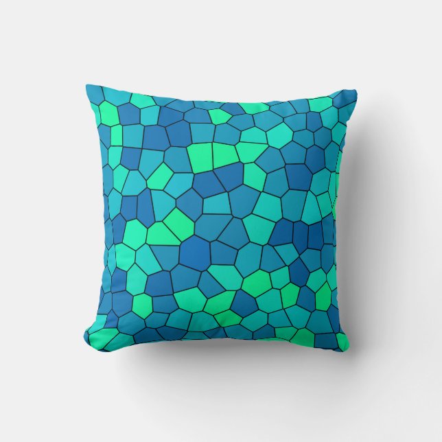 Teal Green Cyan Blue Stained Glass Pattern Throw Pillow (Front)