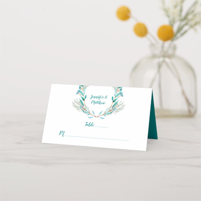 Teal Green Cypress Leaves Branches Place Cards (Front)