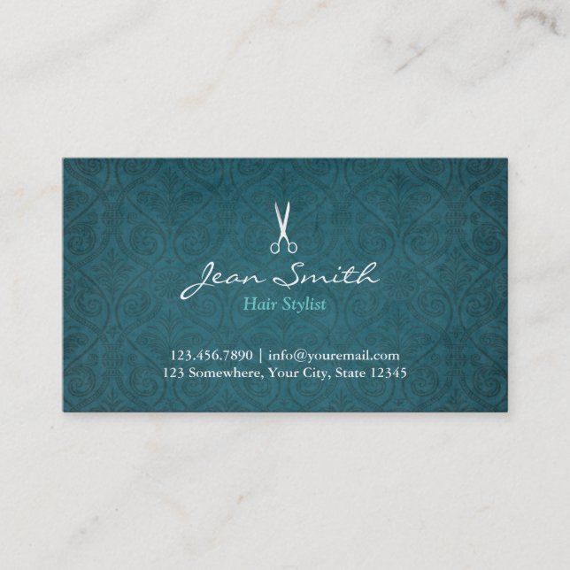 Teal Green Damask Hair Stylist Business Card (Front)