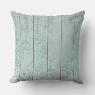 Teal Green Damask Metallic Wood Cottage Home Throw Pillow