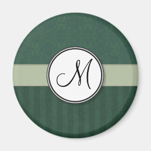 Teal Green Damask with Stripes and Monogram Magnet