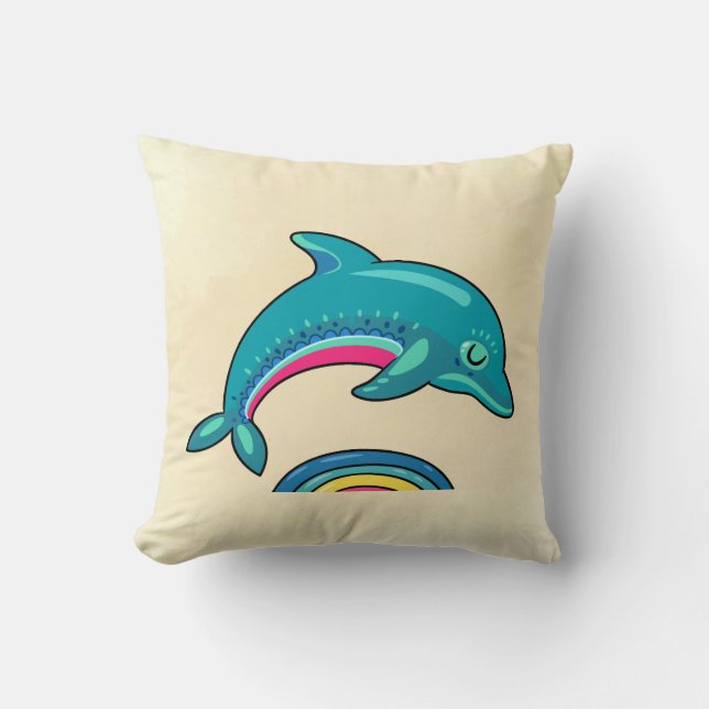 Teal Green Dolphin Jumping Over Stylish Water Throw Pillow (Front)