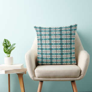 Teal Green Dusty Tan Primitive Plaid Throw Pillow