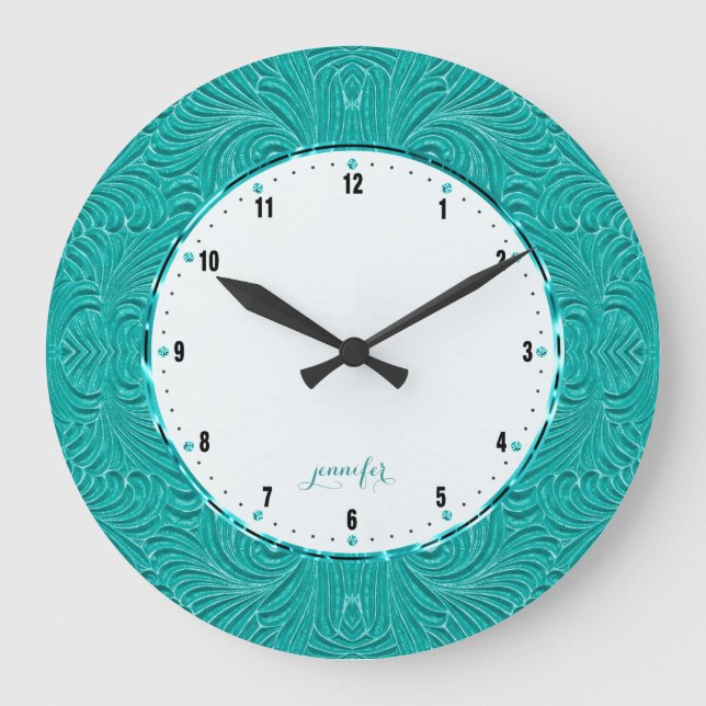 Teal Green Embossed Floral Damasks Large Clock (Front)