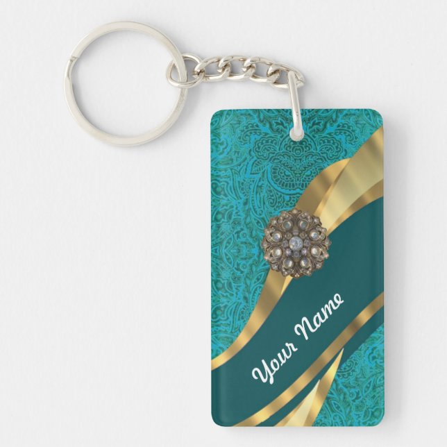 Teal green floral damask keychain (Front)
