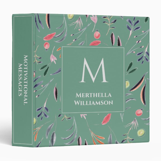 Teal Green Floral MONOGRAM Custom Personalized Binder (Front/Spine)