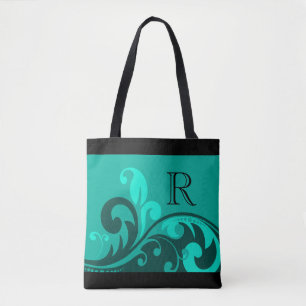 Teal Green Flourish Design with Monogram Tote Bag