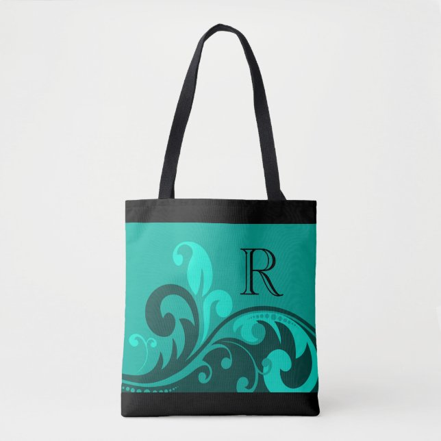 Teal Green Flourish Design with Monogram Tote Bag (Front)