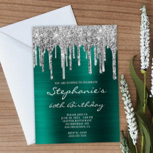 Teal Green Foil Silver Glitter Drip 60th Birthday Invitation