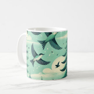 Teal Green Forest and Birds Pattern Coffee Mug