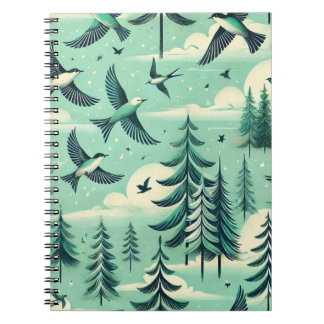Teal Green Forest and Birds Pattern Notebook