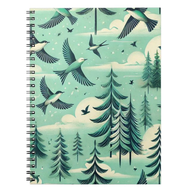 Teal Green Forest and Birds Pattern Notebook (Front)