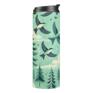 Teal Green Forest and Birds Pattern Thermal Tumbler