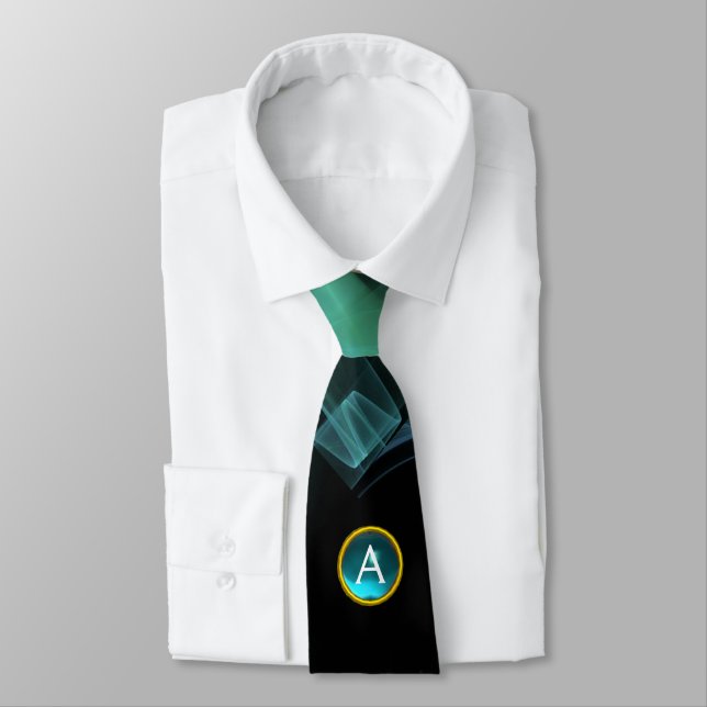 TEAL GREEN FRACTAL WAVES,SWIRLS,BLUE GEM MONOGRAM TIE (Tied)