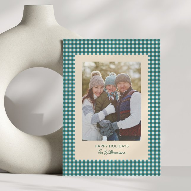 Teal Green Gingham Plaid Holiday Photo Christmas Card (Creator Uploaded)
