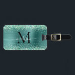 Teal Green Glitter Brush Metal Monogram Script Luggage Tag<br><div class="desc">Glam Elegant Teal Green Glitter Sparkle Brushed Metal Girly Script Monogram Luggage Tag</div>