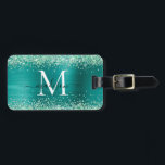 Teal Green Glitter Brushed Metal Monogram Script Luggage Tag<br><div class="desc">Glam Elegant Teal Green Glitter Sparkle Brushed Metal Girly Script Monogram Luggage Tag</div>