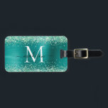 Teal Green Glitter Brushed Metal Monogram Script Luggage Tag<br><div class="desc">Glam Elegant Teal Green Glitter Sparkle Brushed Metal Girly Script Monogram Luggage Tag</div>
