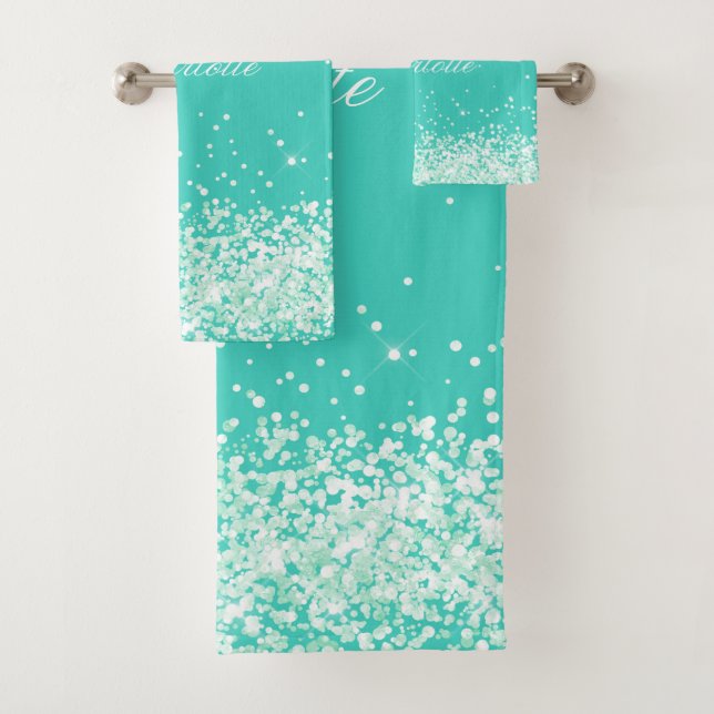 Teal green glitter dust name bath towel set (Insitu)