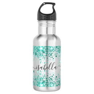 Teal green glitter name script girl 532 ml water bottle