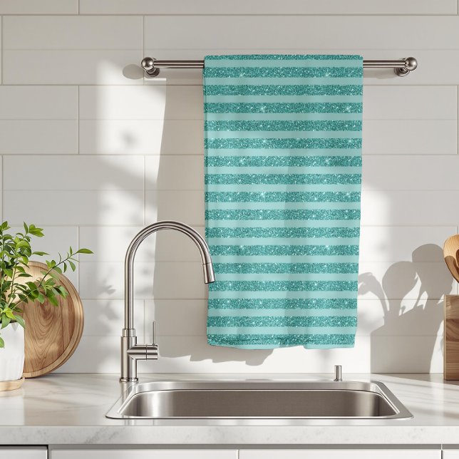 Teal Green Glitter Style Horizontal Stripes Kitchen Towel (Creator Uploaded)