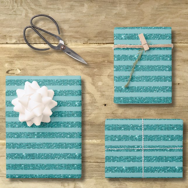 Teal Green Glitter Style Horizontal Stripes Wrapping Paper Sheet (Creator Uploaded)