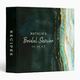 Teal Green & Gold Agate Bridal Shower Recipe Card Binder