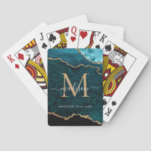 Teal Green Gold Agate Geode Glitter Monogram Playing Cards