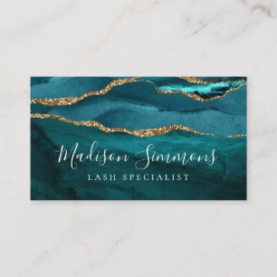 Teal Green Gold Agate Geode Monogram Script Business Card