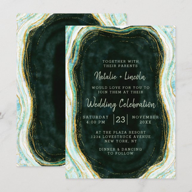 Teal Green & Gold Agate Marble Geode Rock Wedding Invitation (Front/Back)