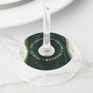 Teal Green & Gold Agate Marble Geode Rock Wedding Wine Glass Tag