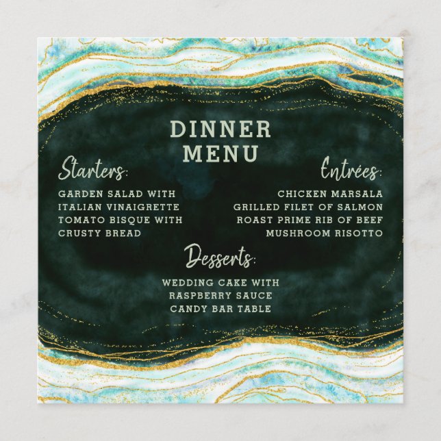 Teal Green & Gold Agate Marble Geode Square Dinner Menu (Front)