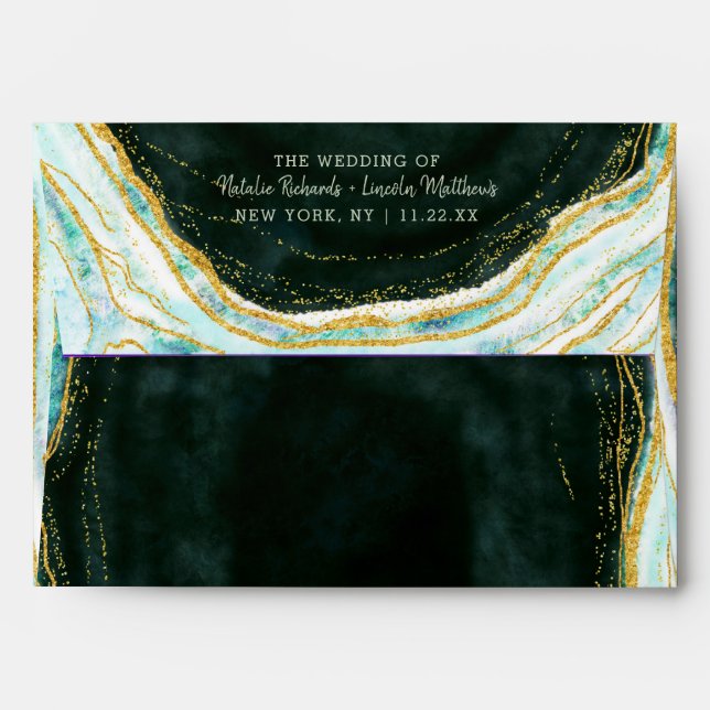 Teal Green & Gold Agate Marble Monogram Wedding Envelope (Back (Top Flap))