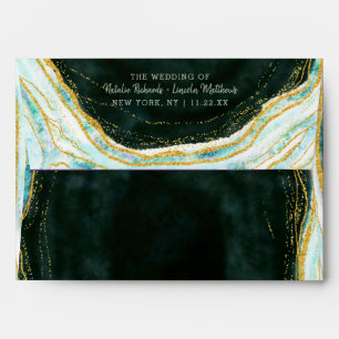 Teal Green & Gold Agate Marble Monogram Wedding Envelope