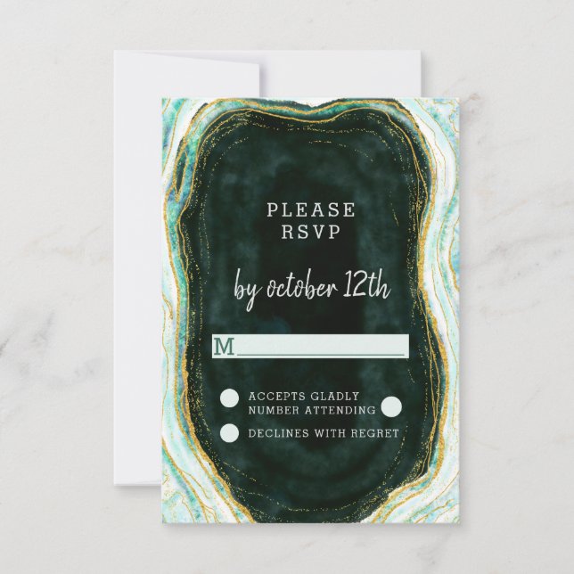 Teal Green & Gold Agate Marble Wedding RSVP Reply Card (Front)