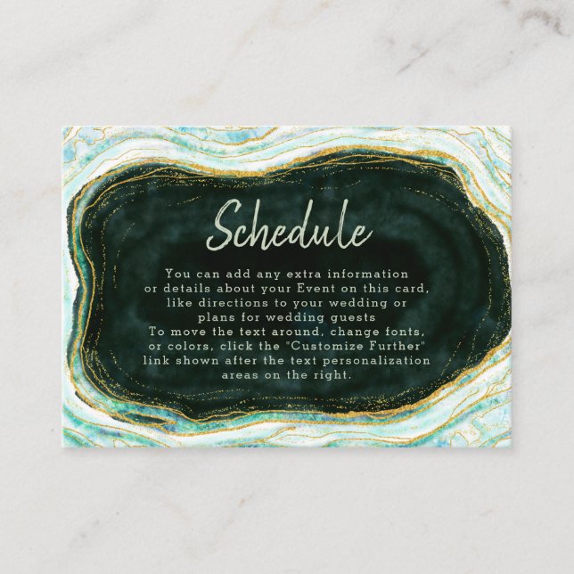 Teal Green & Gold Agate Marble Wedding Schedule Enclosure Card (Front)