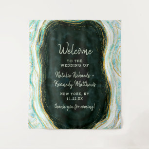 Teal Green & Gold Agate Marble Wedding Welcome Tapestry