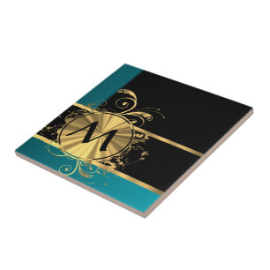 Teal green gold and black monogram tile