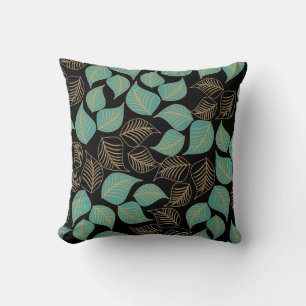 Teal green gold broad leaves pattern on black throw pillow