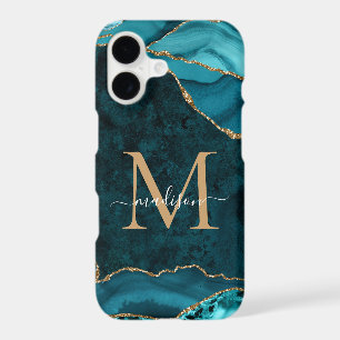 Teal Green Gold Glitter Agate Gemstone Monogram