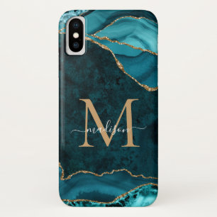 Teal Green Gold Glitter Agate Gemstone Monogram Case-Mate iPhone Case